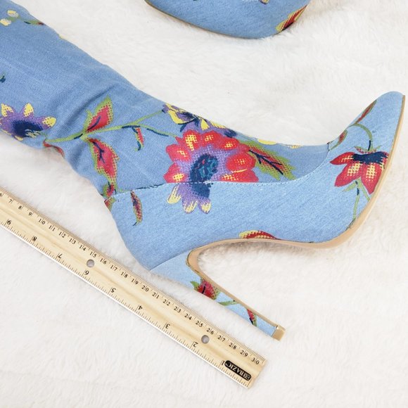 Stretch Floral Print Denim Draw String Top high heel thigh boots - Picture 10 of 11